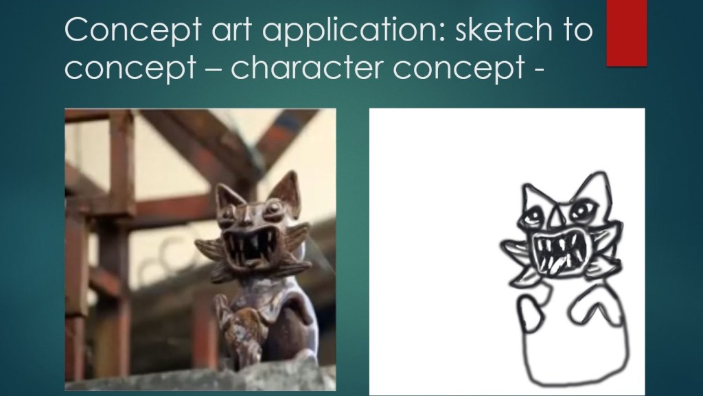 A PowerPoint slide shows a picture of a catlike sculpture next to a rough drawing that same sculpture.