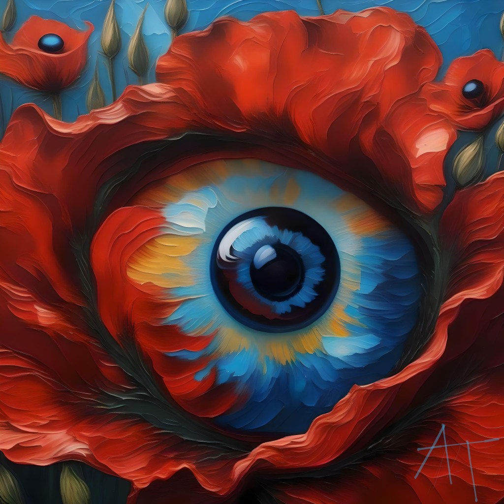 A picture of a blue eyeball surrounded by what looks like red petals