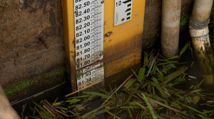 Water at a water gauge that resembles a ruler.
